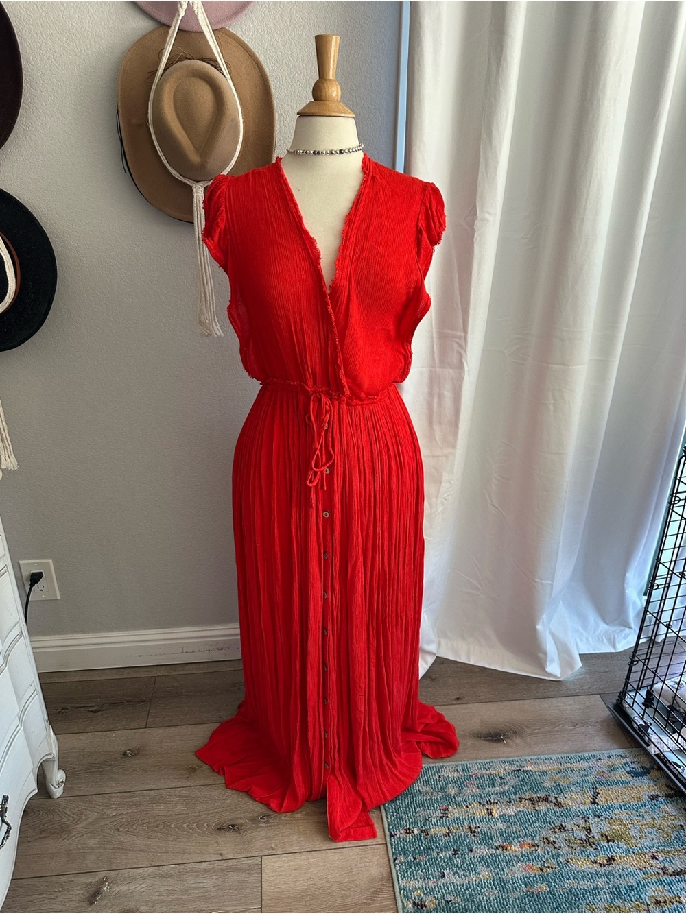 Three Bird Nest Bold Red Button-Front Maxi Dress
